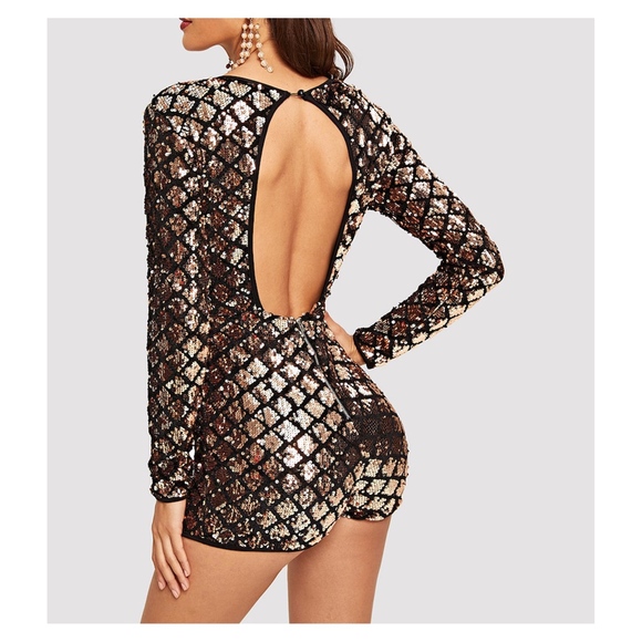Gold Black Long Sleeve Geometric Sequin Romper - Picture 2 of 6